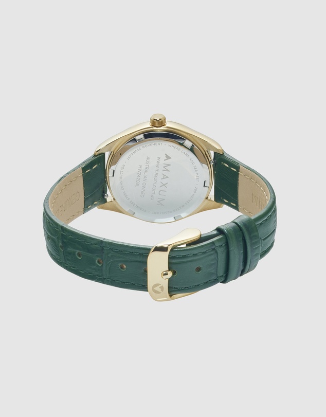 Maxum - Sydney - White Dial, Gold Tone Case & Green Leather Band