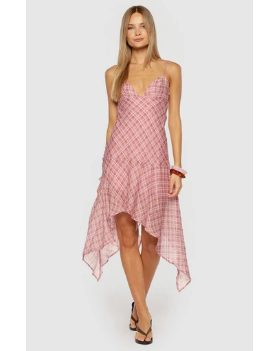 Beginning Boutique - Milla Pink Plaid Hanky Hem Midi Dress