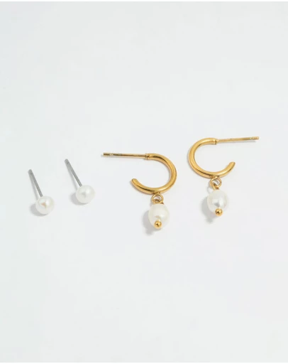 Lovisa - Waterproof Gold Plated Stainless Steel Pearl Dainty Earrings 2-Pack