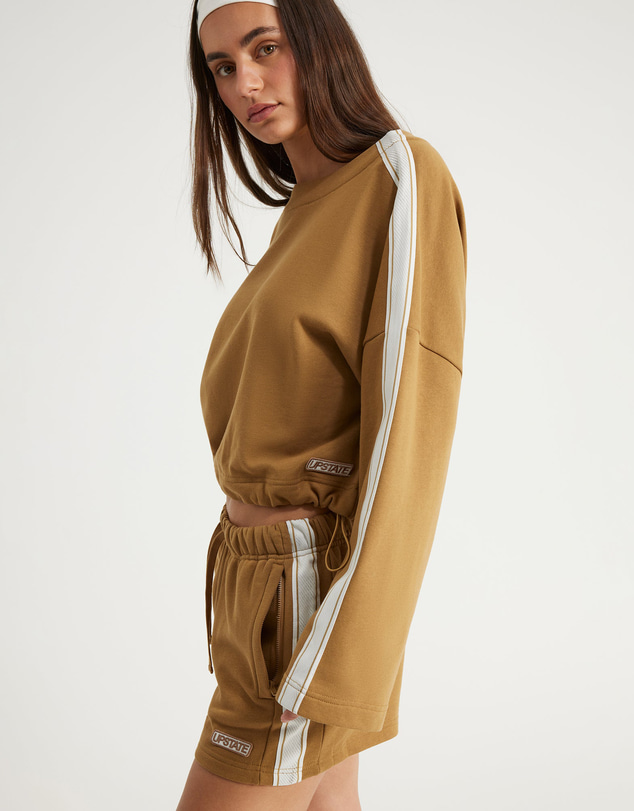 Upstate - Terry Boxy Crop Long Sleeve Top - Toffee