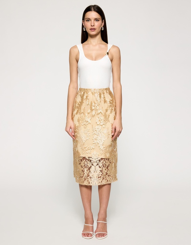 Lindsay Nicholas New York - Sheer Gold Lace Skirt with Nude Underskirt