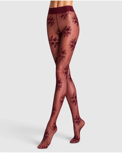 High Heel Jungle - Dakota Premium Floral Jacquard Tights - Burgundy