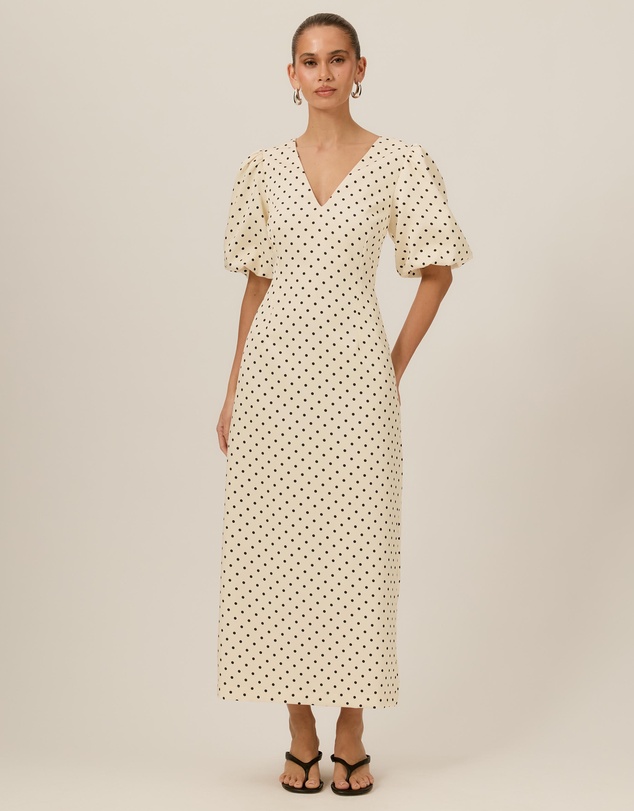 Tussah - Thea V-Neck Polka Dot Puff Sleeve Midi Dress