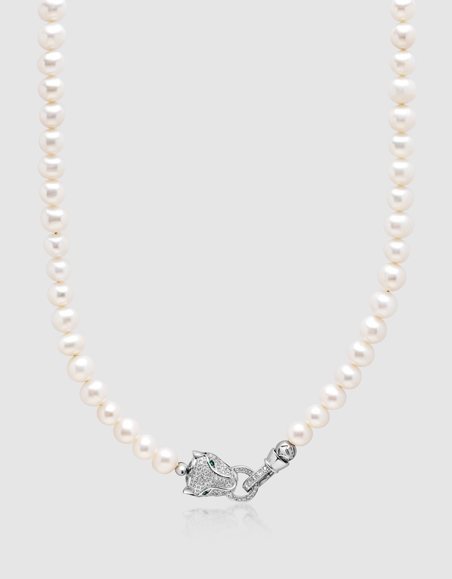 Nialaya Jewellery - White Pearl Necklace with Silver Panther Head Lock