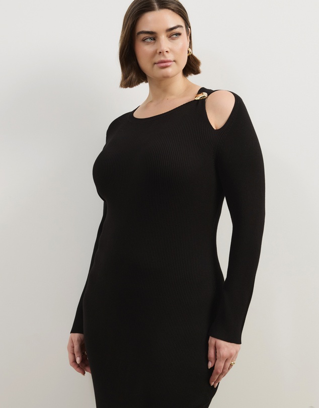 Atmos&Here Curvy - Liv Long Sleeve Rib Knit Midi Dress With Hardware Detail