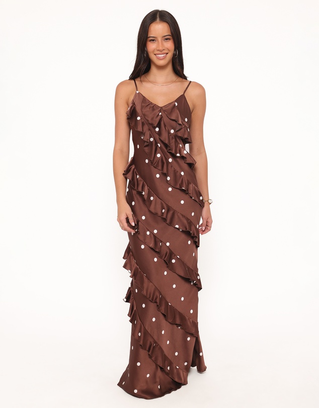 Petal & Pup - Ciao Ruffles Maxi Satin Dress - Brown Polka Dot