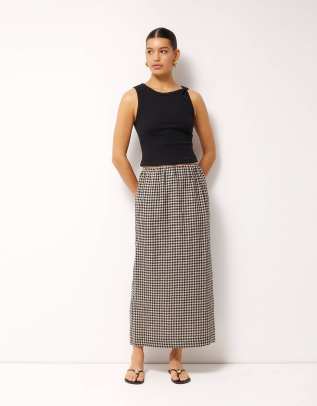 AERE - Isla Linen Gingham Midi Skirt