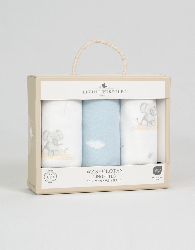 Living Textiles - 3 Pack Organic Wash Cloths - Elephant Playtime