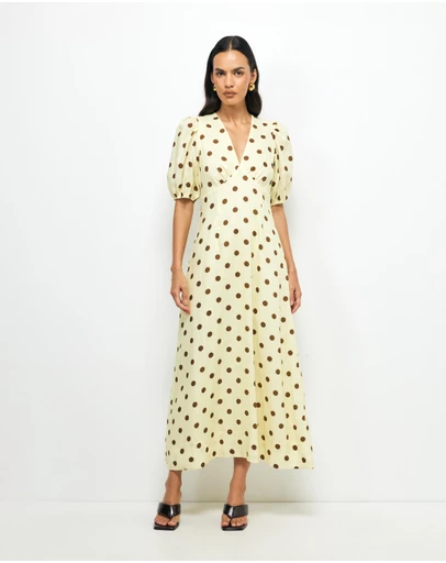 AERE - Tala Puff Sleeve Linen Midi Dress