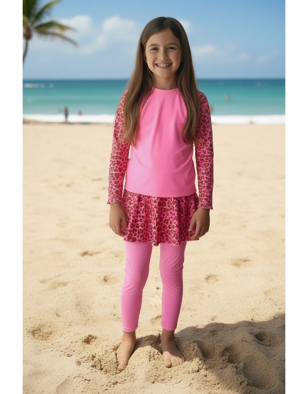 Modest Mermaid - Pink Heart Leopard Girls Set SPF50+
