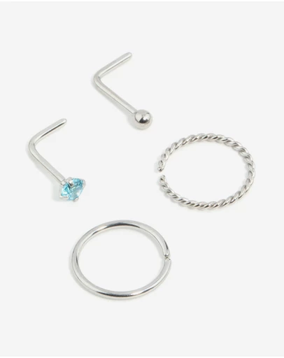 Lovisa - Surgical Steel Twisted Nose Rings & Cubic Zirconia Nose Stud 4-Pack