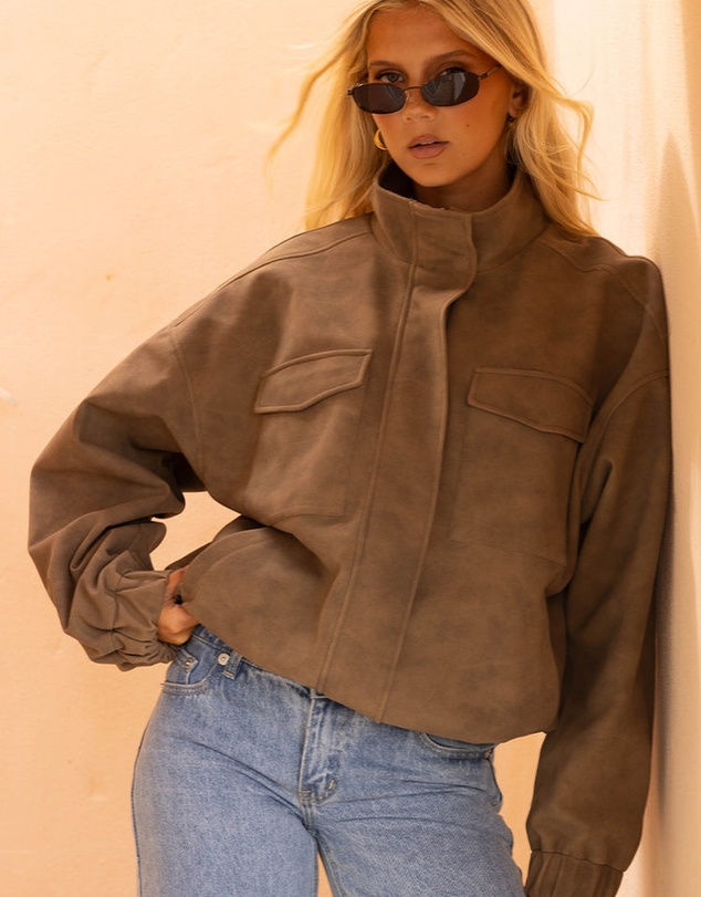 Beginning Boutique - Sapna Brown Oversized Funnel Neck Suedette Jacket
