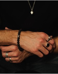 Kuzzoi - ICONIC EXCLUSIVE - Bracelet Men Skull Bead Robust with Black Lava Beads in 925 Sterling Silver