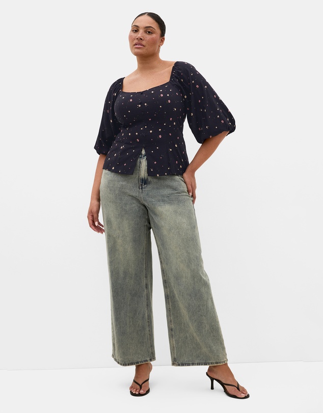 City Chic - Plus size Daydreamer Elbow Sleeve Ditsy Print Top - navy