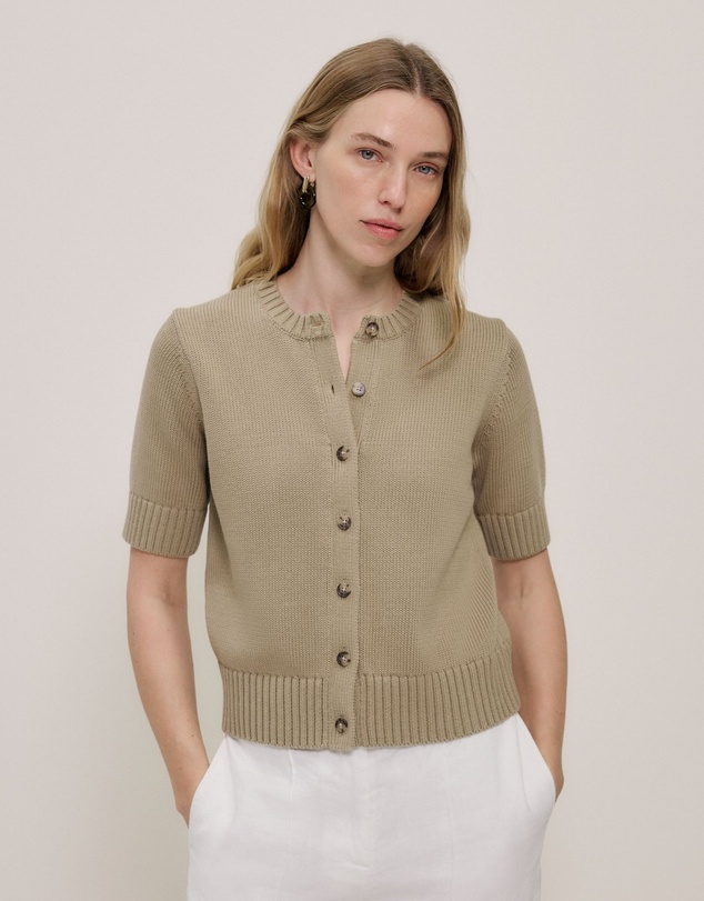 Trenery - Cotton Knit Short Sleeve Cardigan in Olive Brown