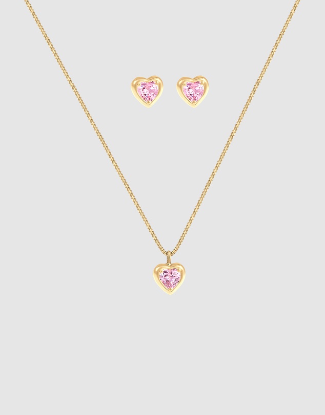 Elli Jewelry - Children's Pink Heart Zirconia Jewellery Set in Gold-Plated 925 Silver