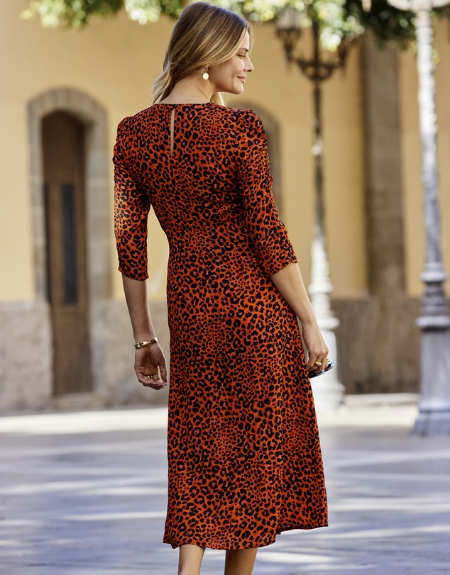 Sosandar - Animal Print Ruched Shoulder Midi Dress