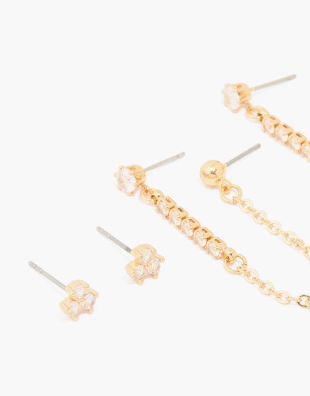 Lovisa - Gold Plated Brass Cubic Zirconia Chain Earrings & Ear Cuffs 3-Pack