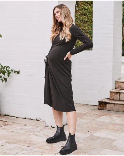Angel Maternity - Eloise Maternity Waffle Knit Dress in Charcoal