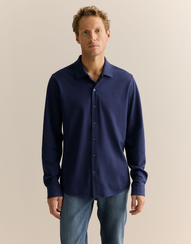 Trenery - Tailored Fit Pique Cotton Monogram Shirt in Strong Blue