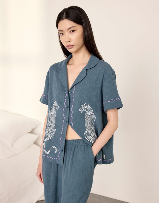 Chelsea Peers - Leopard Embroidery Short Sleeve Revere and Wide Leg Pyjama Set