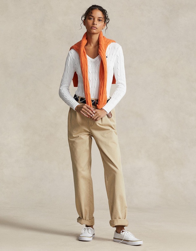 Polo Ralph Lauren - Kimberly Cable Knit Cotton V-Neck Sweater