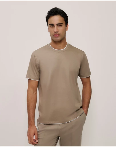 Trenery - Mercerised Cotton Layered T-shirt in Dark Taupe