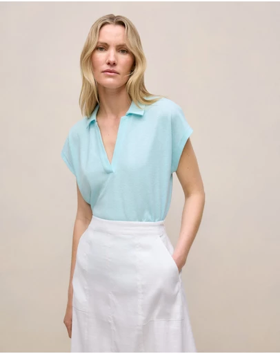 Trenery - Linen Cotton Relaxed Cap Sleeve Polo in Pastel Blue