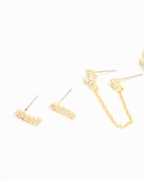 Lovisa - Gold Plated Brass Cubic Zirconia Chain & Stud Earrings 3-Pack