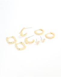 Lovisa - Gold Plated Brass Cubic Zirconia & Plain Rectangle Earrings 4-Pack
