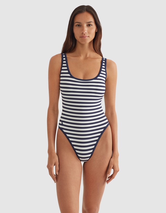 Polo Ralph Lauren - Pique Stripe High Leg Low Back One Piece Swimsuit