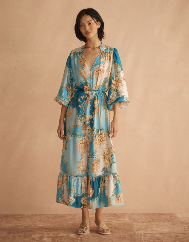 AUR OCEA - Silk Blousson Frill Midi Dress