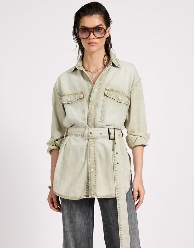 ONE TEASPOON - Belted Longline Denim Shirt - Antique Khaki