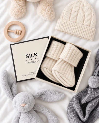 SILK MAGNOLIA - Cashmere Wool Baby Booties and Beanie