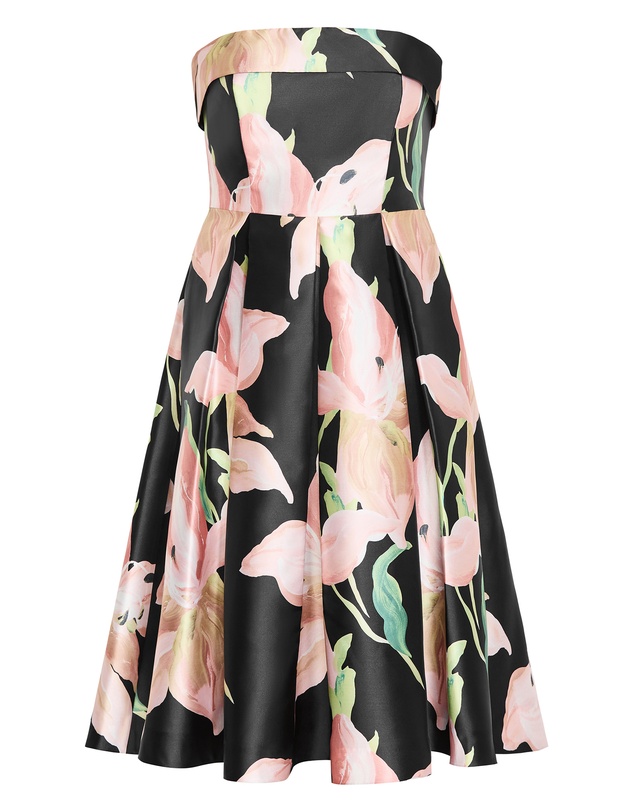 City Chic - Plus size Tiffany Bloom Lily Print Strapless Midi Dress - black