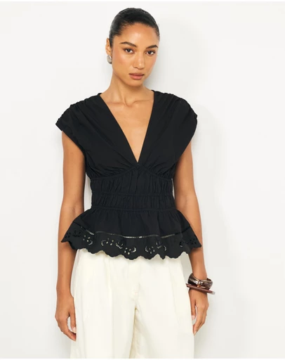 AERE - Bonnie Ruched Lace Peplum Top