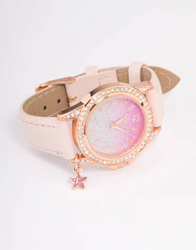 Lovisa - Kids Rose Gold Star Glitter Faux Leather Watch