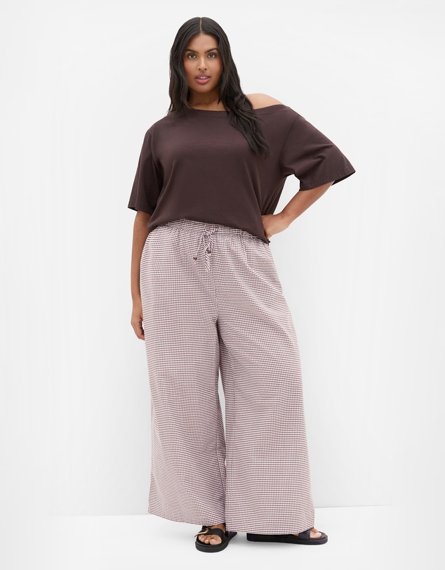 City Chic - Plus size Gingham Check Cotton Wide Leg Pant - chocolate