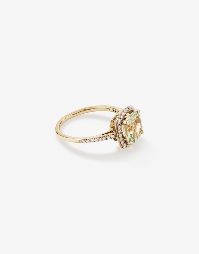 Michael Hill - Cushion Cut Green Amethyst Gemstone and 0.25 Carat TW Diamond Halo Ring in 10kt Yellow Gold