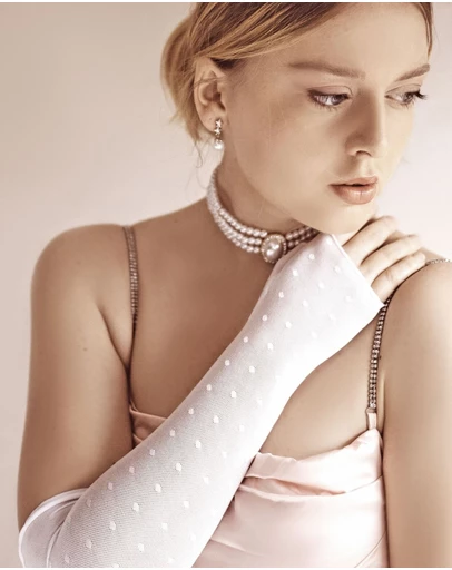 DENTS - Long Tulle Flock Dot Fingerless Mittens Gloves