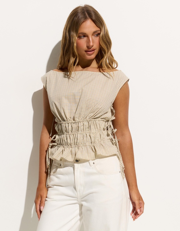 Dazie - Emerson Boat Neck Check Shirred Top