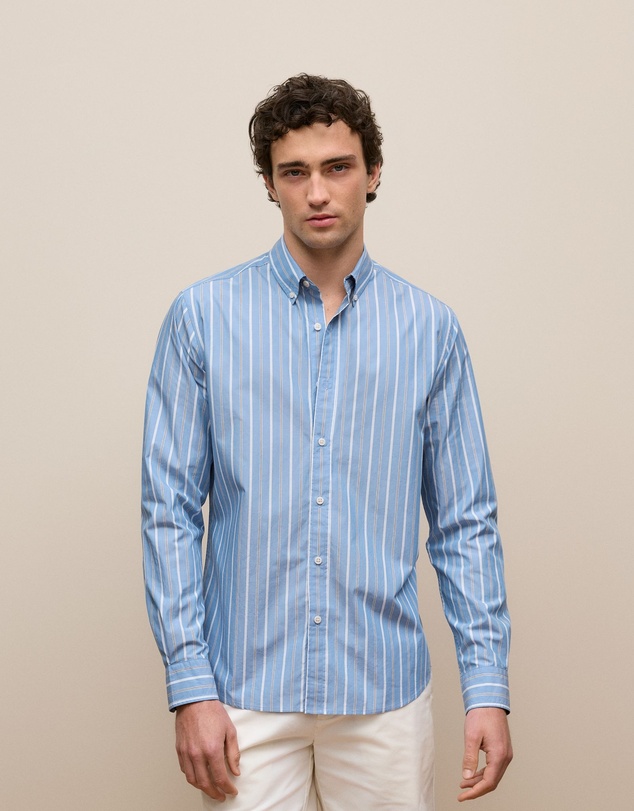 Trenery - Regular Fit Poplin Stripe Long Sleeve Shirt in Dusty Blue