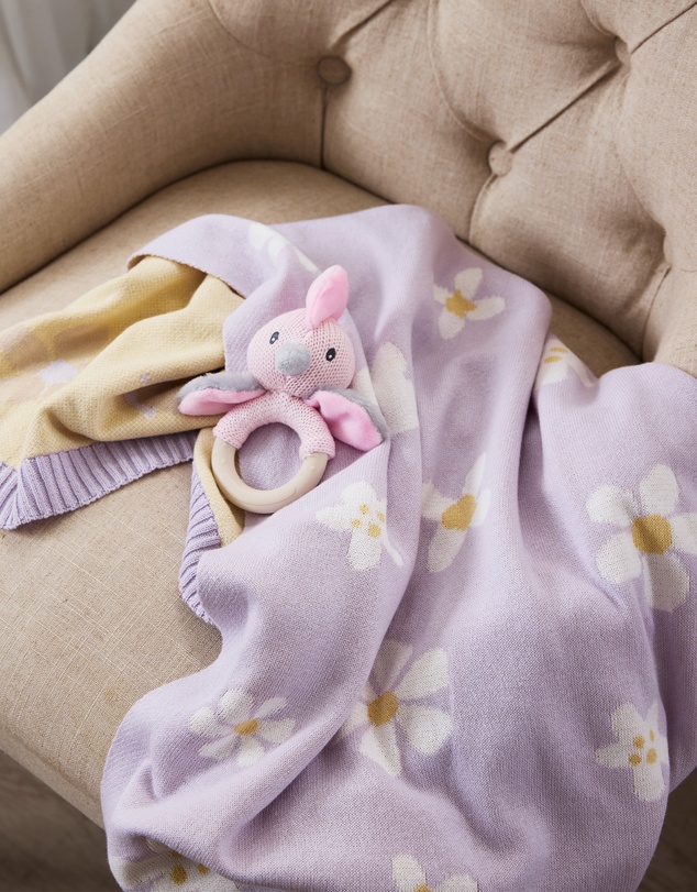 Living Textiles - Pram Knitted Blanket - Lilac Daisy Dreams