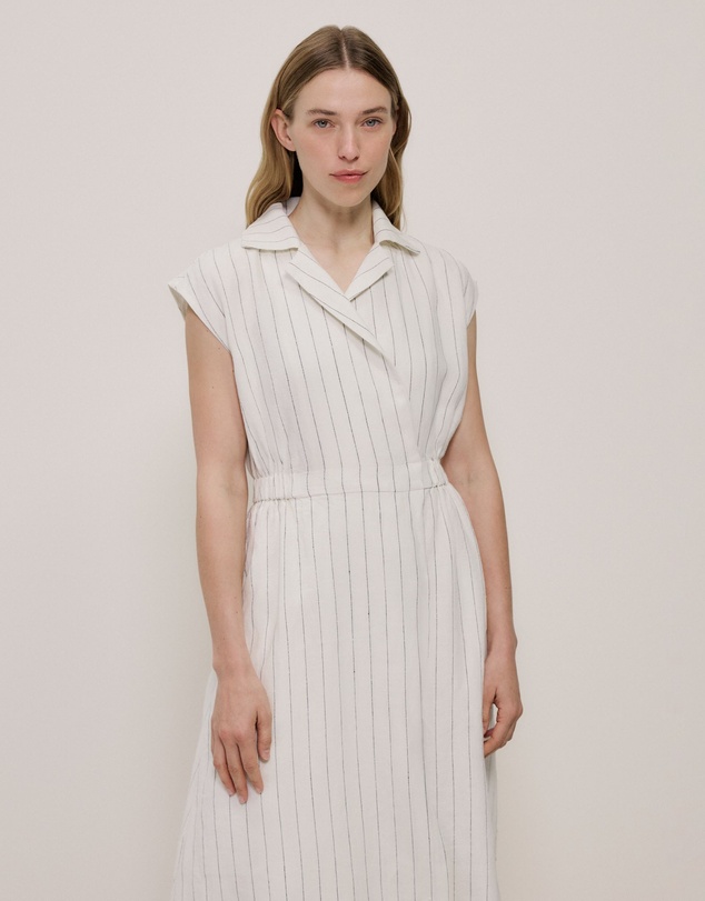 Trenery - Linen Stripe Wrap Detail Dress in Parchment