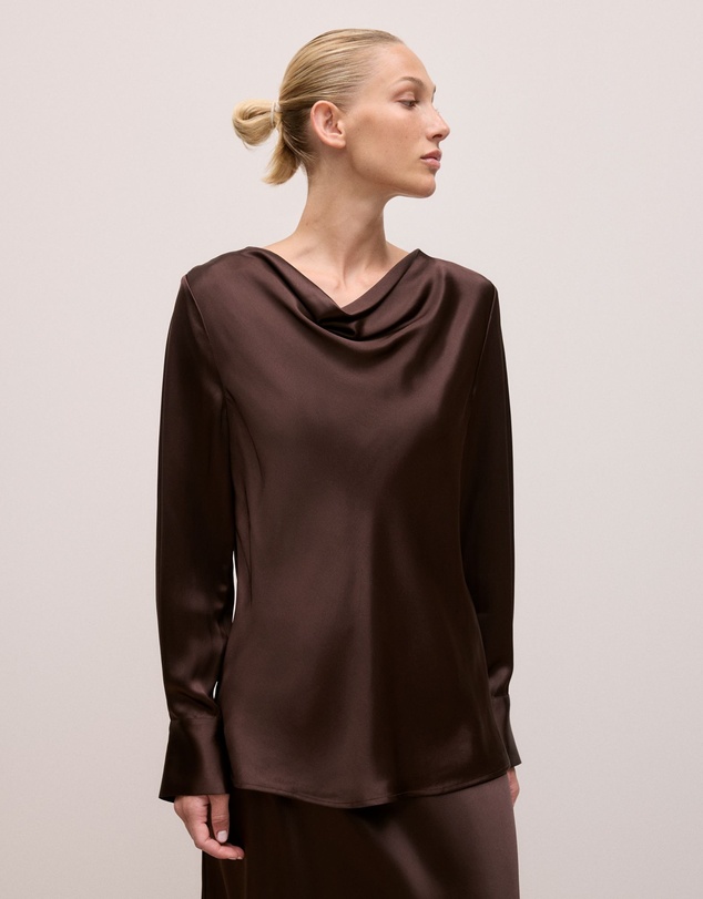 Trenery - Satin Cowl Neck Top in Coffee Bean