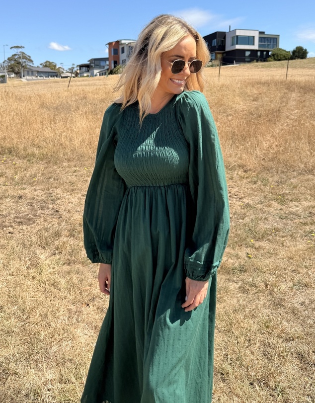 Esther & Co - Iolana Dress - Deep Green Long Sleeve