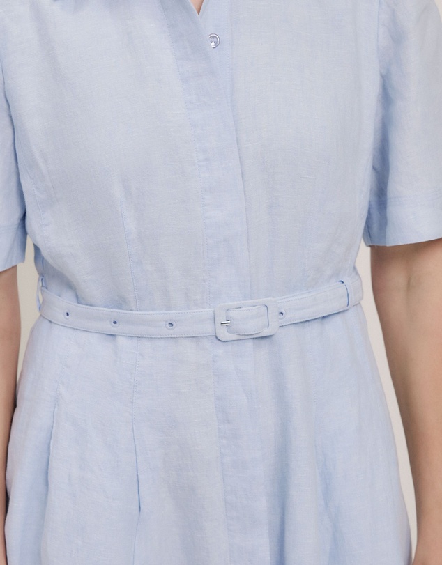 Trenery - Linen Belted Short Sleeve Shirt Dress in Ice Blue
