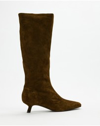 AERE - Maria Suede Knee High Kitten Heel Boots