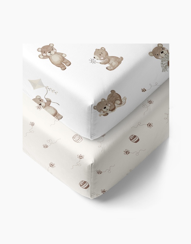 Living Textiles - 2 Pack Organic Cot Fitted Sheet - Cuddly Bear