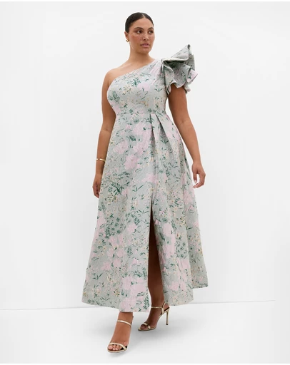 City Chic - Plus size Enchanting One Shoulder Jacquard Gown - silver